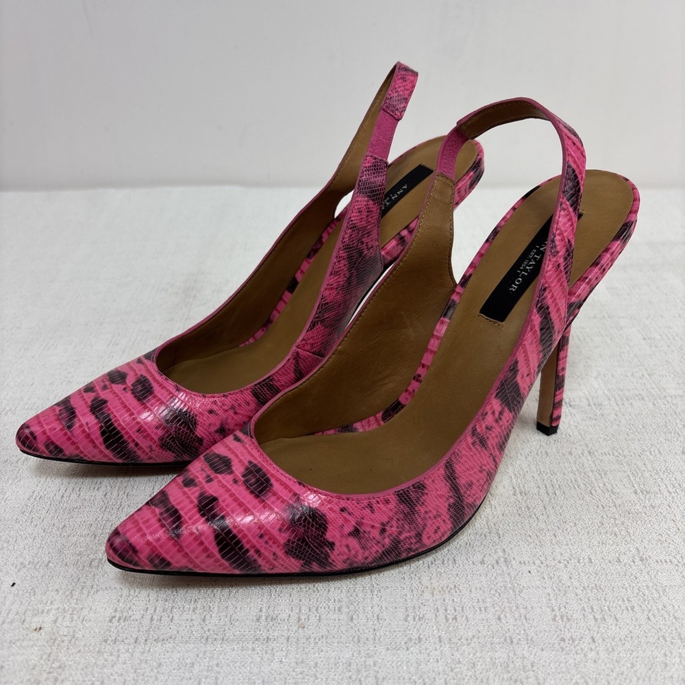Ann Taylor Pink & Black Snakeskin Print Slingback‎ Pump Leather Size 9